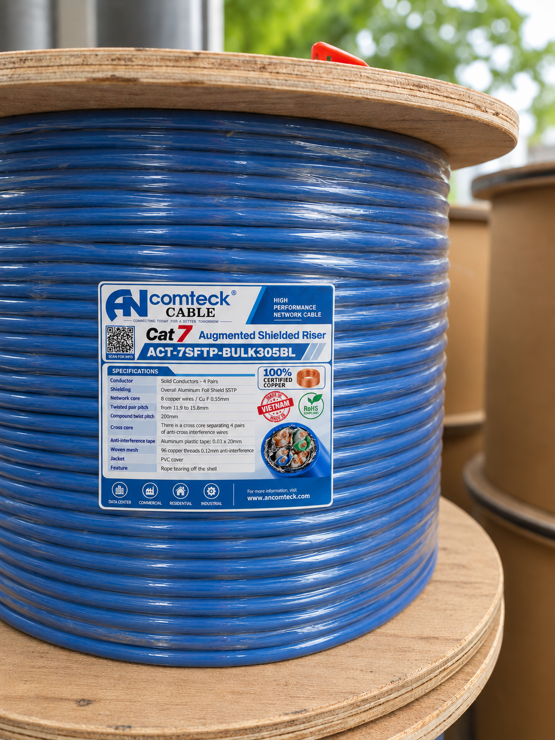 Cáp mạng CAT7 SFTP chống nhiễu 3 lớp, kháng cháy, chống chuột, màu xanh, dài 305m/cuộn